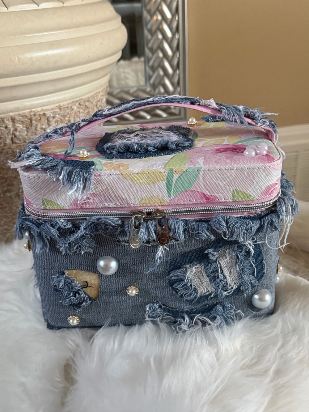 Floral Top Denim Fringe Vanity Bag - Pink and Blue